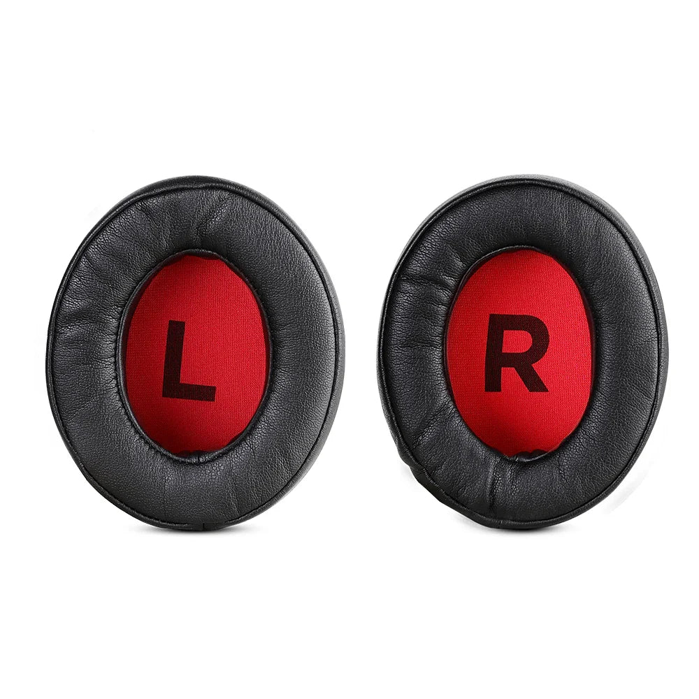 Pair of black and red headphone ear cushions labeled ’L’ and ’R’ for left and right.