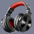 Pair of black and red over-ear wireless headphones with a metallic finish.