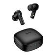 Pair of black wireless earbuds with their charging case.