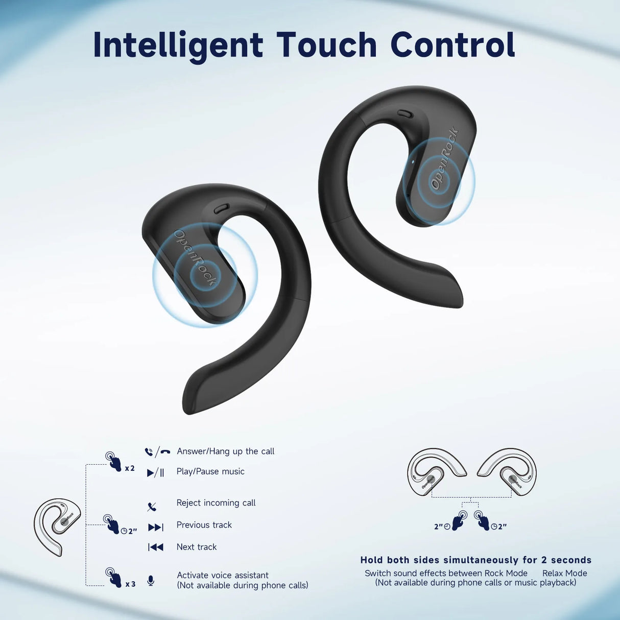 Pair of black wireless earbuds with hook-shaped designs for secure fit.