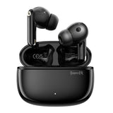 Pair of black wireless earbuds in a charging case.