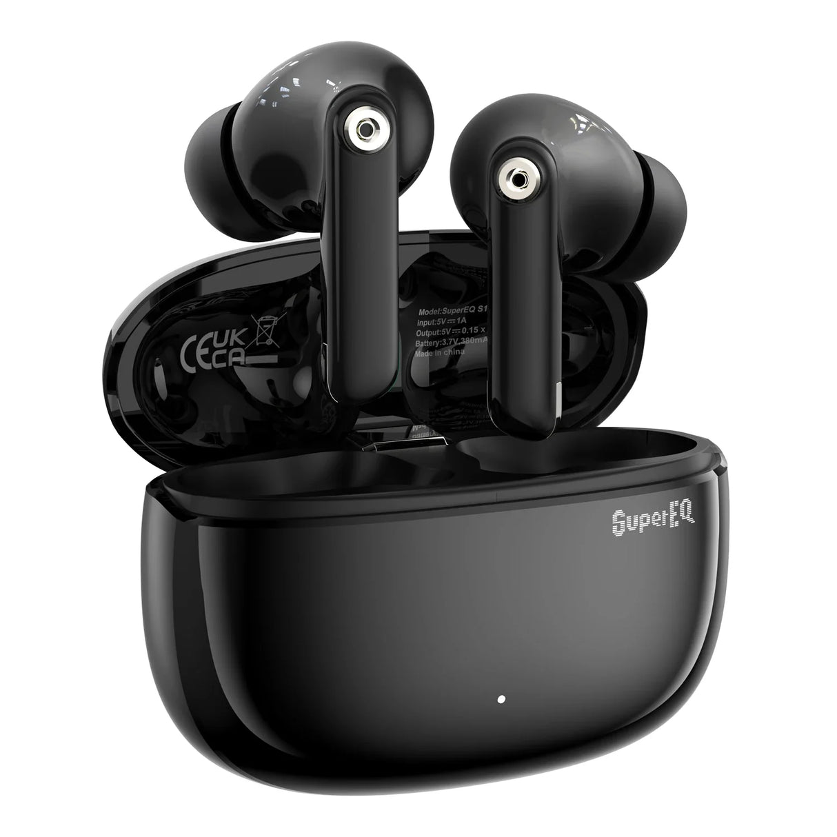 Pair of black wireless earbuds in a charging case.