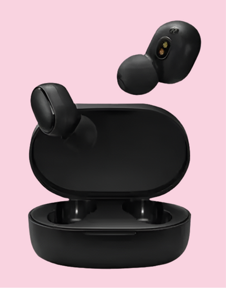 Pair of black wireless earbuds with their charging case.