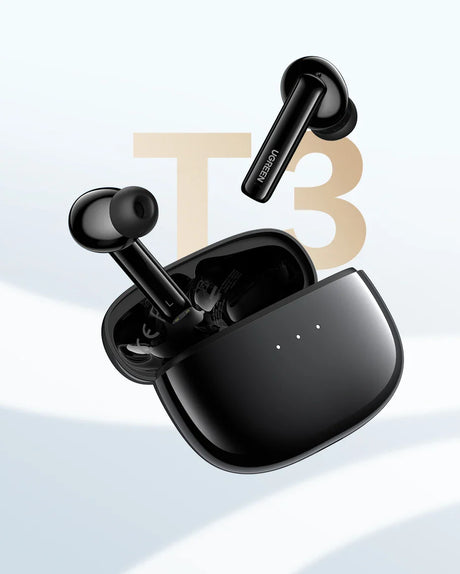 Pair of black wireless earbuds with their charging case.