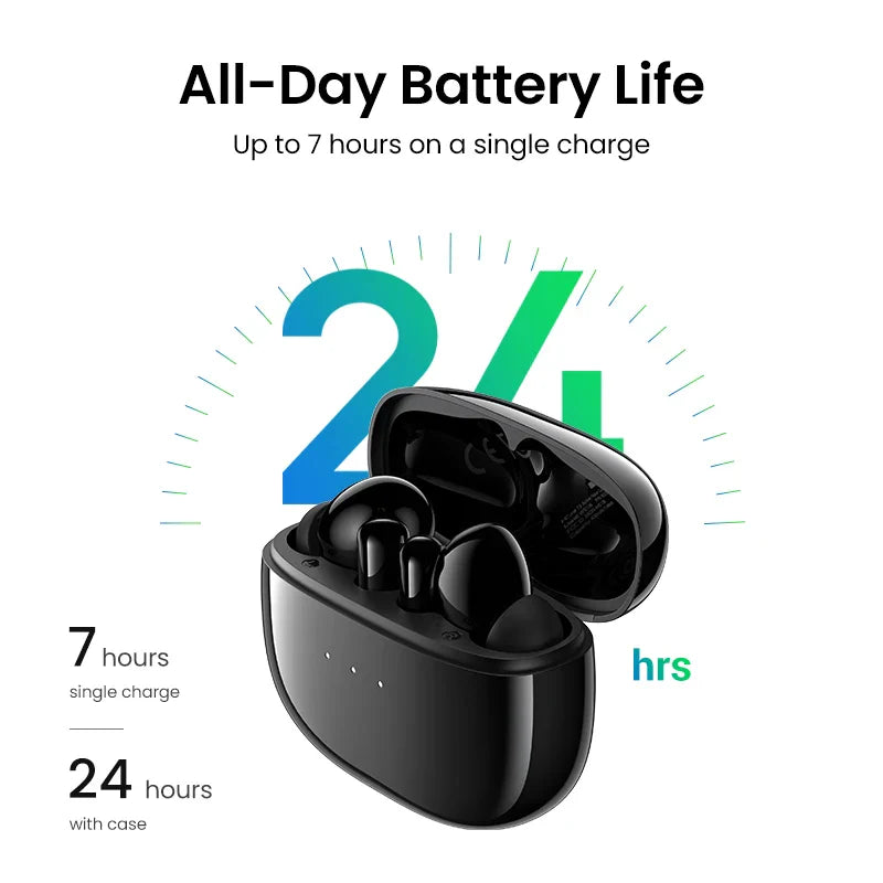 Pair of black wireless earbuds in an open charging case.