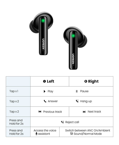 Pair of black wireless earbuds with green indicator lights.