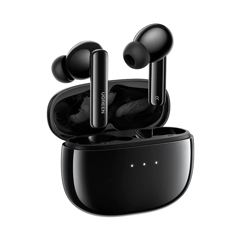 Pair of black wireless earbuds with their charging case.