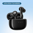 Pair of black wireless earbuds with their charging case.