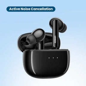 Pair of black wireless earbuds with their charging case.