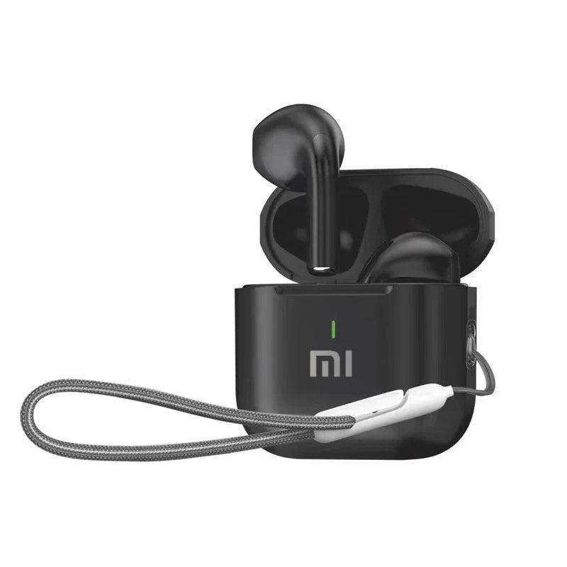 Pair of black wireless earbuds in a charging case with a lanyard attached.