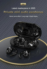 Pair of black wireless earbuds with their charging case.