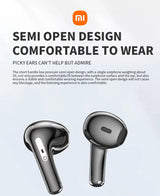 Pair of black wireless earbuds with a semi-open design.