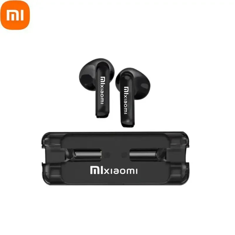 Pair of black wireless earbuds with a charging case.