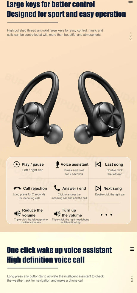 Pair of black wireless earbuds with ear hooks.