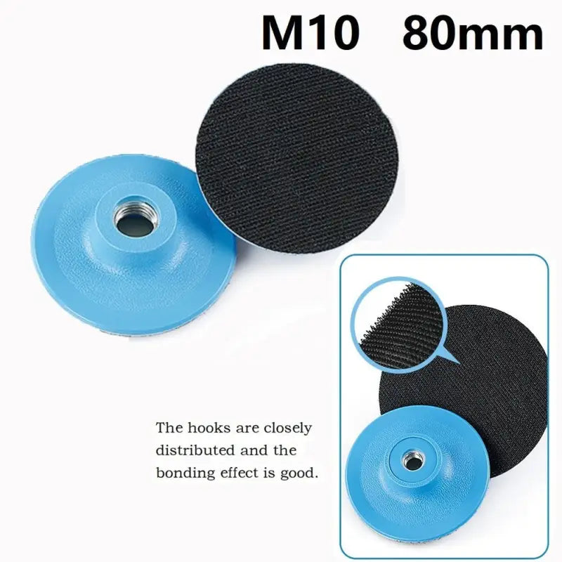 a pair of blue and black nylon wheels with a hole