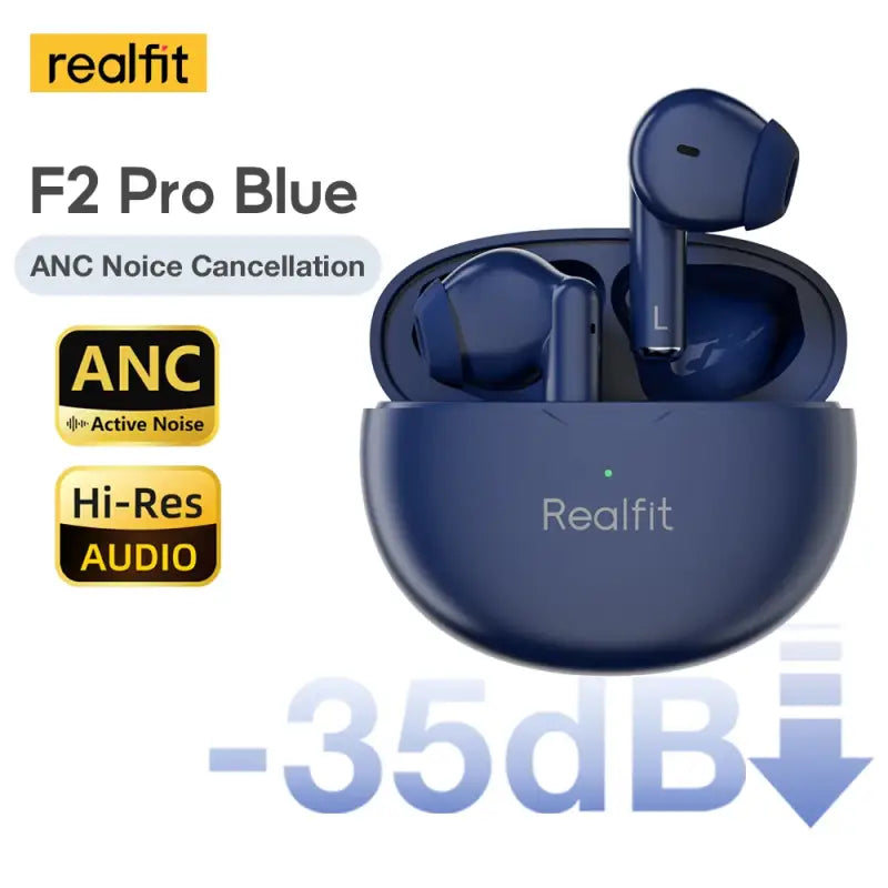 a pair of blue earphones with the text,’ret ’