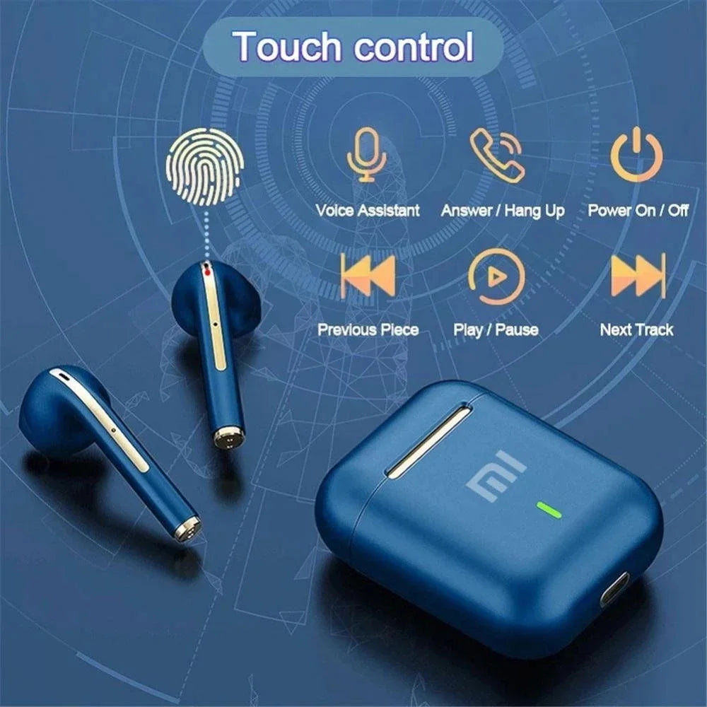 Pair of blue wireless earbuds with a matching charging case.