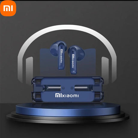 Pair of blue wireless earbuds with a charging case.