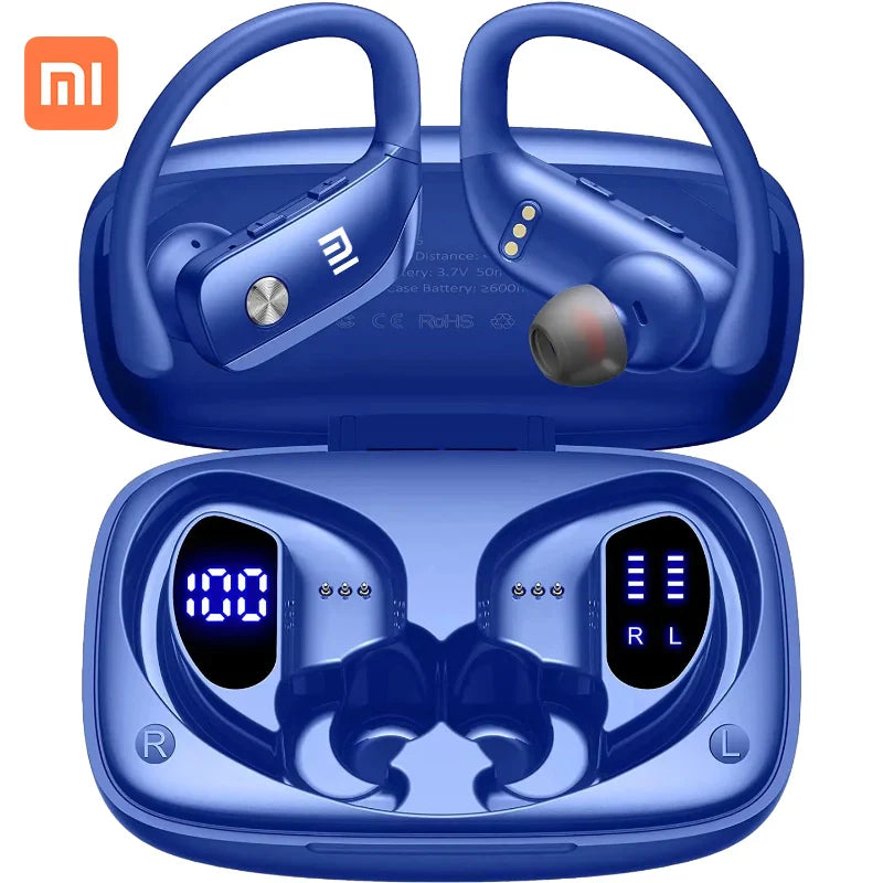 Pair of blue wireless earbuds in a charging case with digital displays.