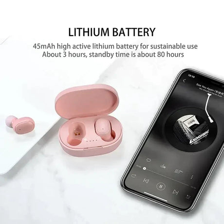 A pair of bluetooth earphones with a pink case