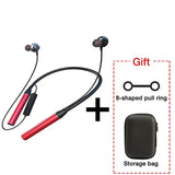 a pair of bluetooth bluetooth wireless earphones with a red case