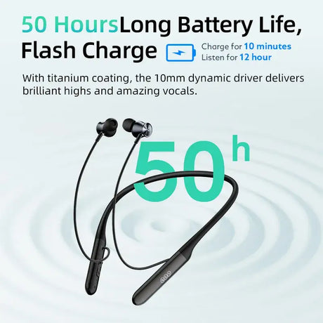 A pair of bluetooth wireless earphones with the text 5 hours battery life