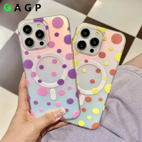 a pair of colorful polka dots phone cases