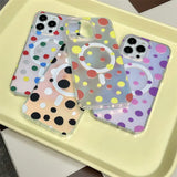 a pair of colorful polka dots phone cases