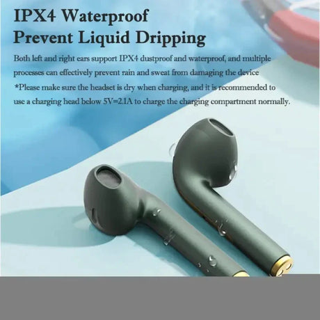 A pair of in ear earphones with the text, i4 waterproof