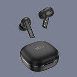 A pair of earphones with a case and a red tag