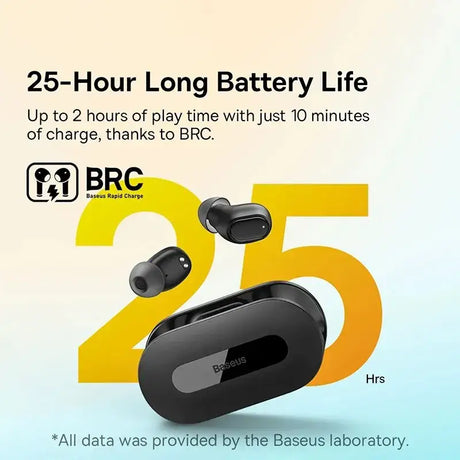 A pair of earphones with the text 25 hour battery life