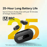 A pair of earphones with the text 25 hour battery life