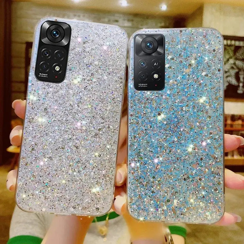 a pair of glitter phone cases