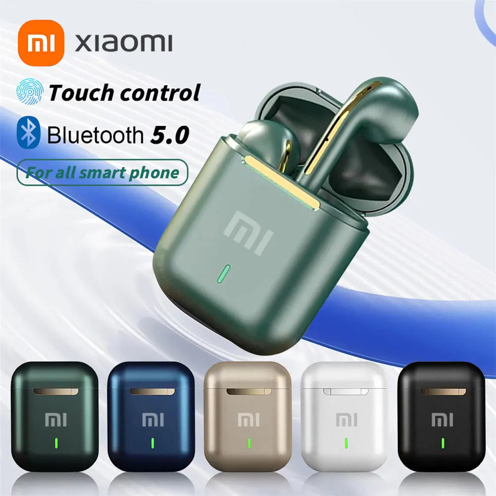 Pair of green wireless earbuds in a charging case with the Xiaomi logo.