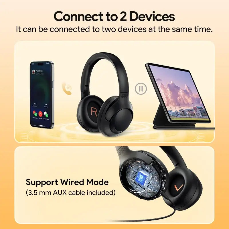 a pair of headphones with a tablet and a smartphone
