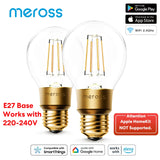 a pair of light bulbs with the words meross on them