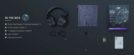 Pair of over-ear wireless headphones with accompanying accessories and packaging.