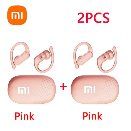 A pair of pink earphones with the same logo on them