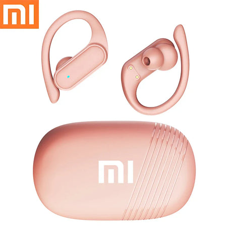 Pair of pink wireless earbuds with ear hooks and their charging case.