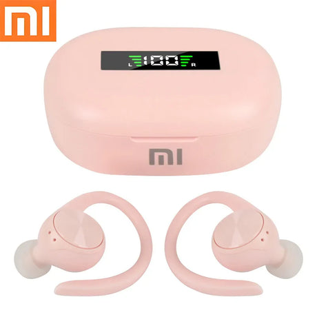 Pair of pink wireless earbuds with a matching charging case displaying a digital readout.