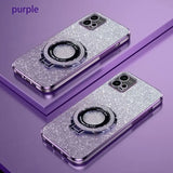 a pair of purple glitter phone cases with a camera