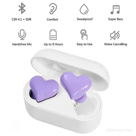 a pair of purple heart shaped earphones