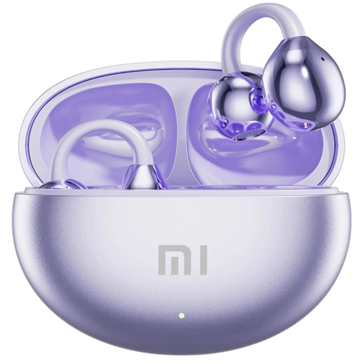 Pair of purple wireless earbuds in a matching charging case.