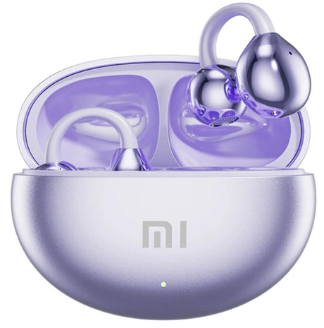Pair of purple wireless earbuds in a matching charging case.