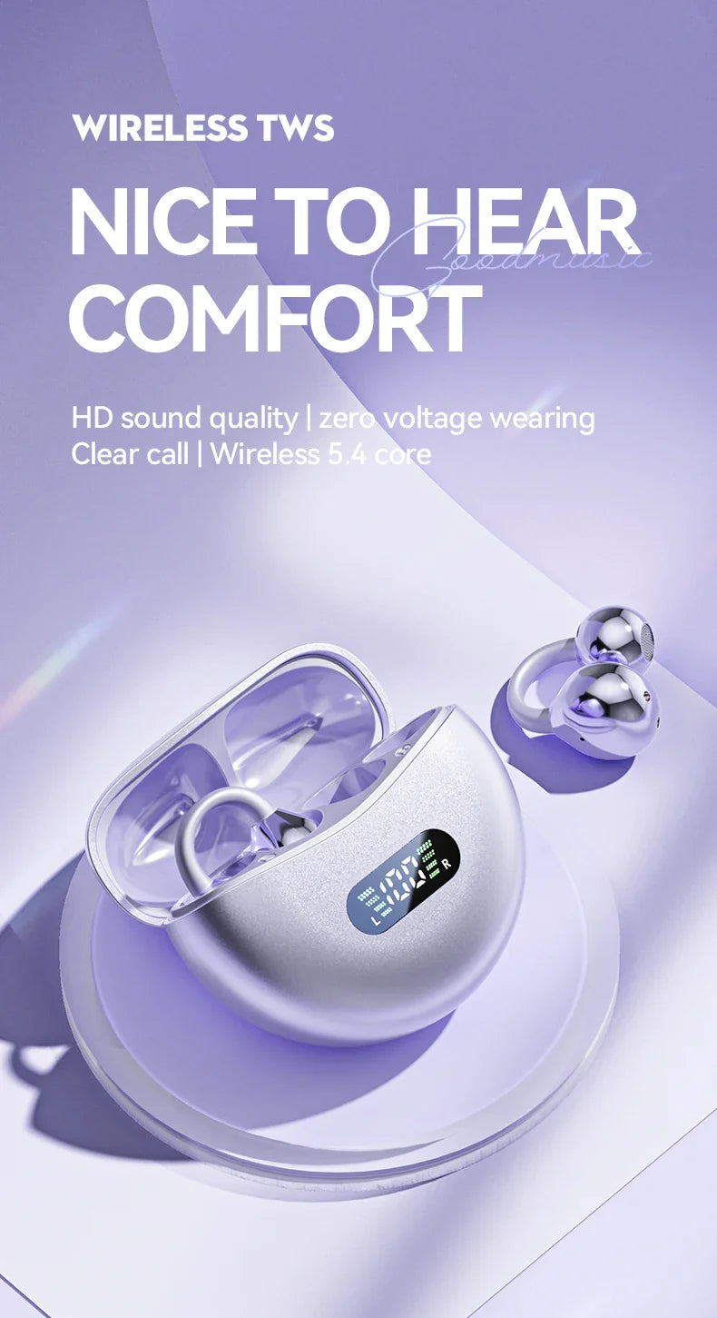 Pair of purple wireless earbuds with a charging case.