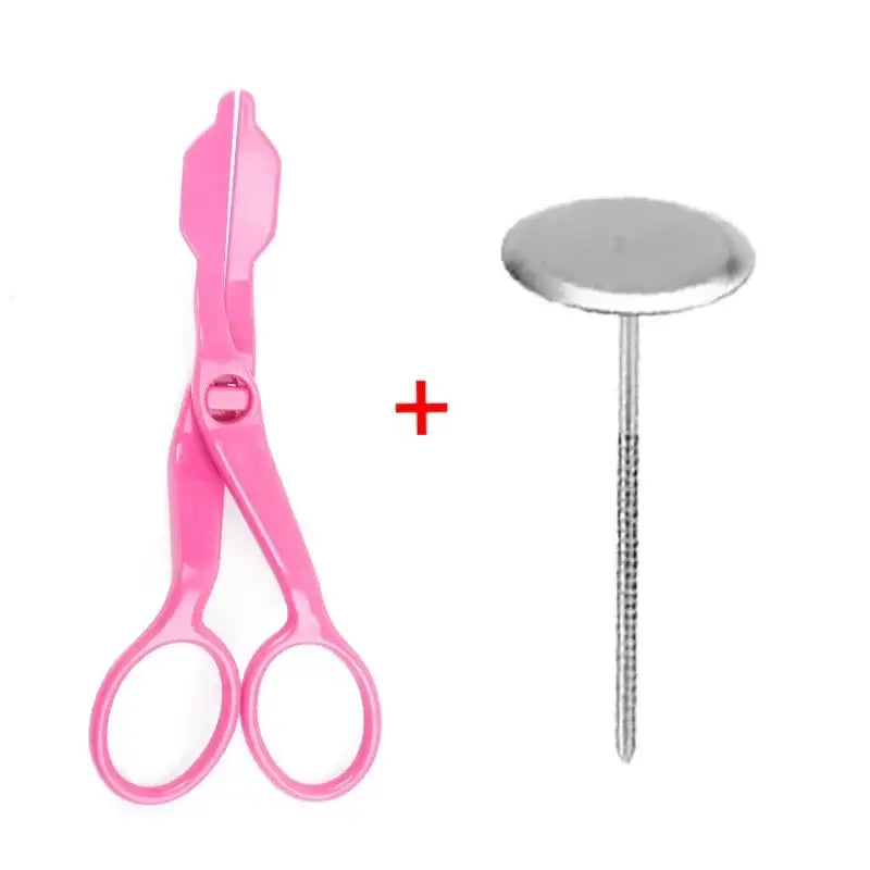 a pair of scissors and a pink plastic handle