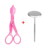 a pair of scissors and a pink plastic handle