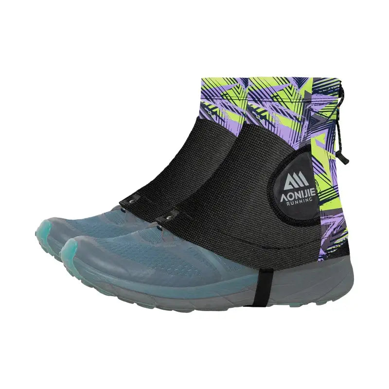 a pair of shoes with a purple and green design