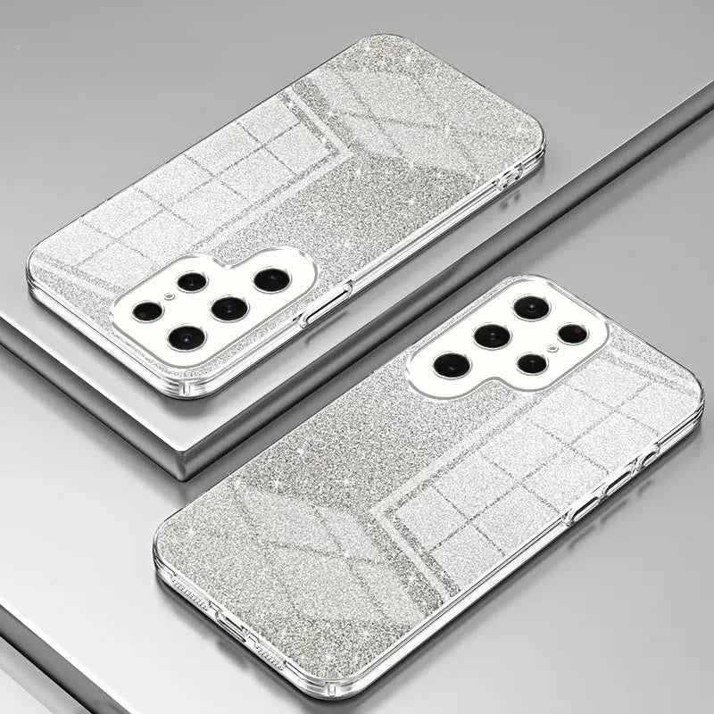 a pair of silver glitter phone cases