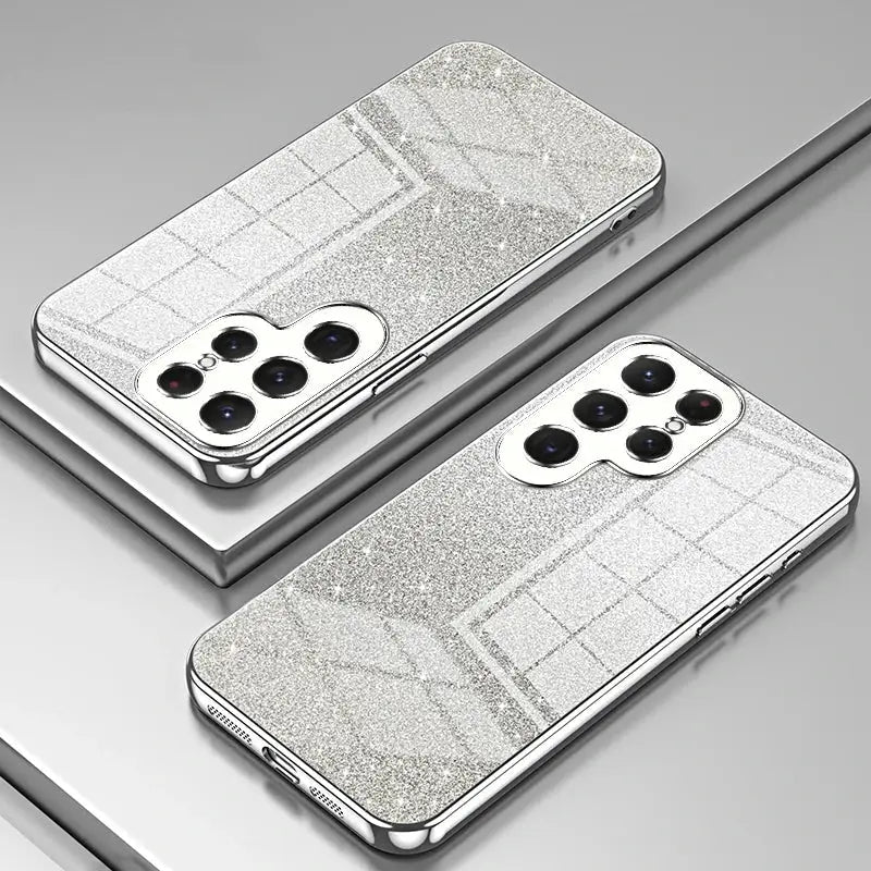 A pair of silver glitter phone cases